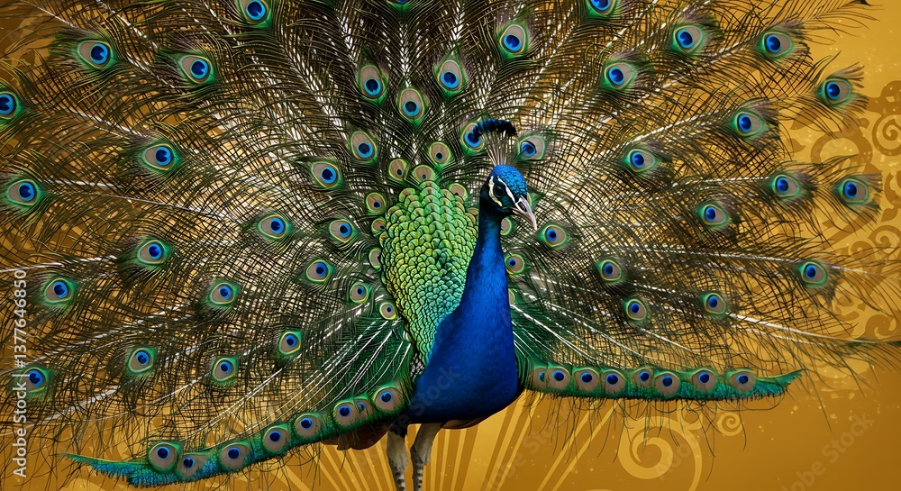 Obraz premium Peacock Majesty: Golden Hues & Sapphire Eyes AI Generated