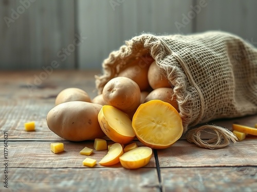 Fresh Potatoes in Burlap Sack on Rustic Wooden Table