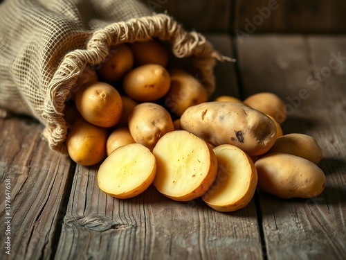 Fresh Farm Potatoes in Burlap Sack on Rustic Wooden Table