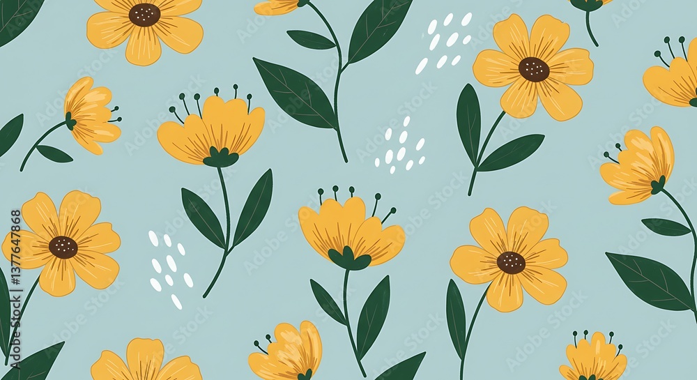 Sunny Yellow Floral Pattern: Soft Blue Background AI Generated Sunny Yellow Floral Pattern: Soft Blue Background AI Generated
