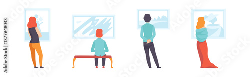 People Character in Art Gallery Looking at Pictures in Museum Vector Set