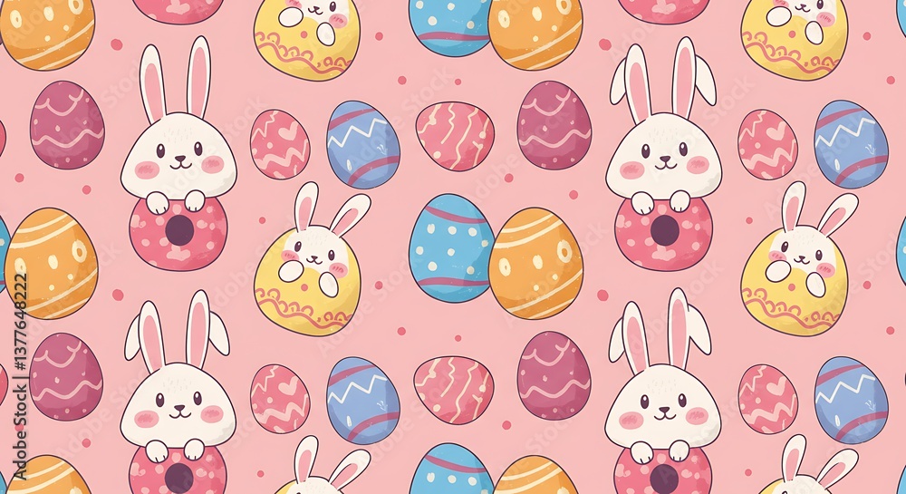 Fototapeta premium Pastel Easter Bunnies & Eggs: Delightful Spring Pattern AI Generated