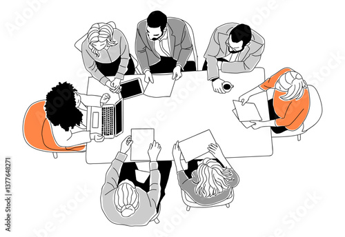 Business team members working together top view. Set of businessmen, businesswomen sitting around the desk discussing, brainstorming. Vector simple outline illustration Isolated