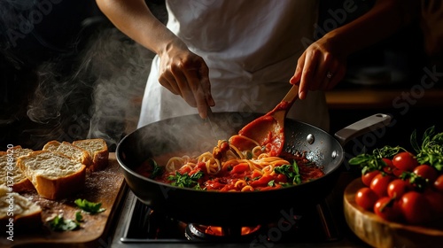 Person's hands holding a wooden spoon and stirring a dish in a frying pan on a gas stove. the dish appears to be a pasta dish with tomato sauce and noodles.
