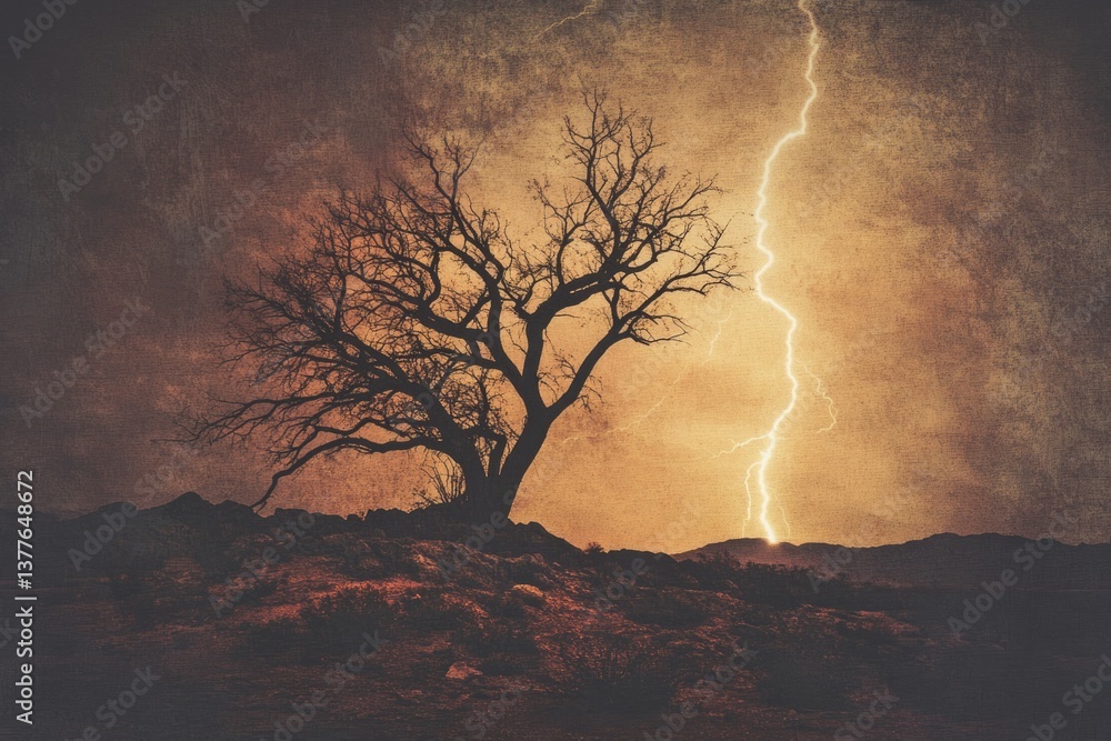 Fototapeta premium Silhouette of a bare tree against a stormy sky with a dramatic lightning strike illuminating the landscape.