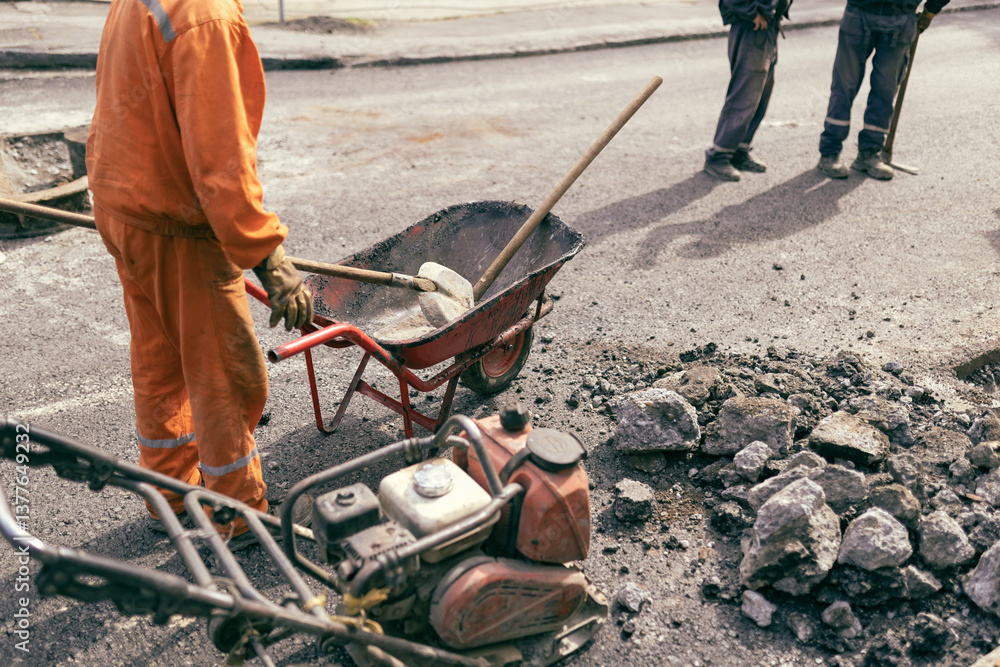 Construction worker working on a public city road reconstruction