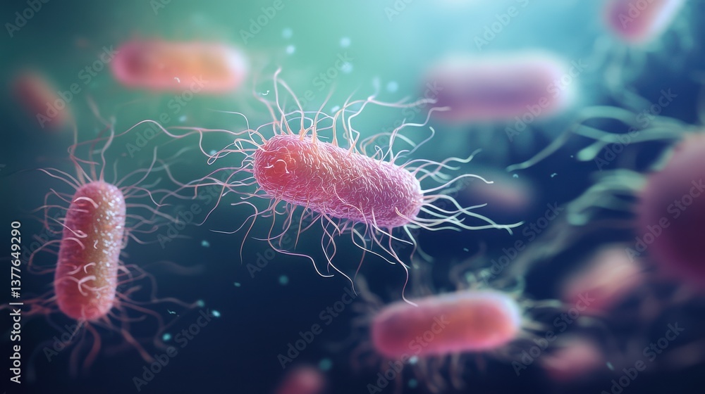 This visual details various bacteria actively moving in a fluid. Their distinct shapes and colors reveal their unique biological features in a microscopic world under observation This visual details various bacteria actively moving in a fluid. Their distinct shapes and colors reveal their unique biological features in a microscopic world under observation