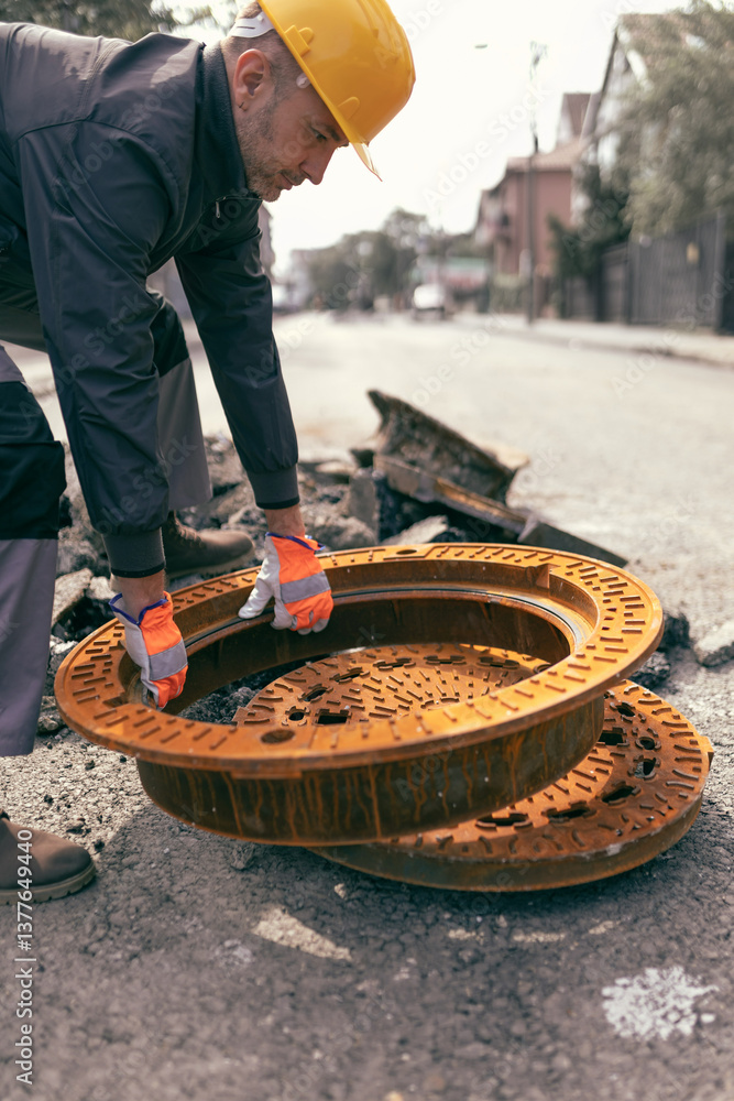 Construction worker working on a public city road reconstruction