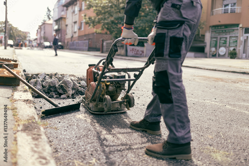 Construction worker working on a public city road reconstruction