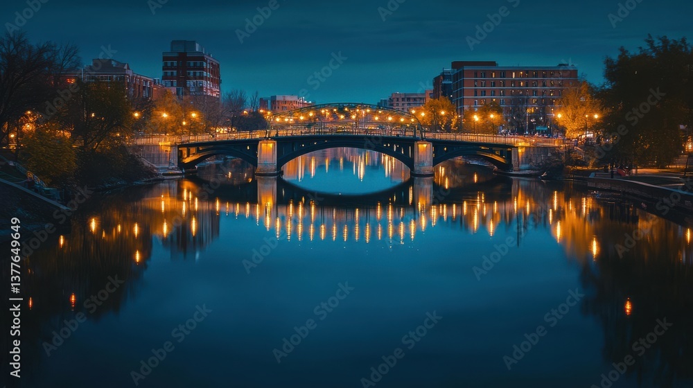 Fototapeta premium City lights illuminate the bridge and river during twilight, creating a serene and picturesque view. The tranquil water reflects the warm glow of lights and surrounding buildings