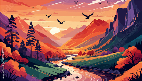 Autumn Landscape with mountain range with a river running. The mountains covered in snow and the sky is clear. The scene is peaceful and serene, with the mountains and river creating a sense of calm