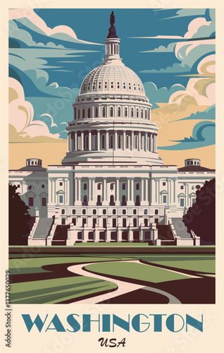 Washington, USA travel destination poster in retro style. Vintage vector colorful illustration