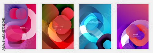 Abstract modern posters featuring soft transparent circular shapes and layered color gradients in blue, red, purple, and orange hues creating depth and harmony