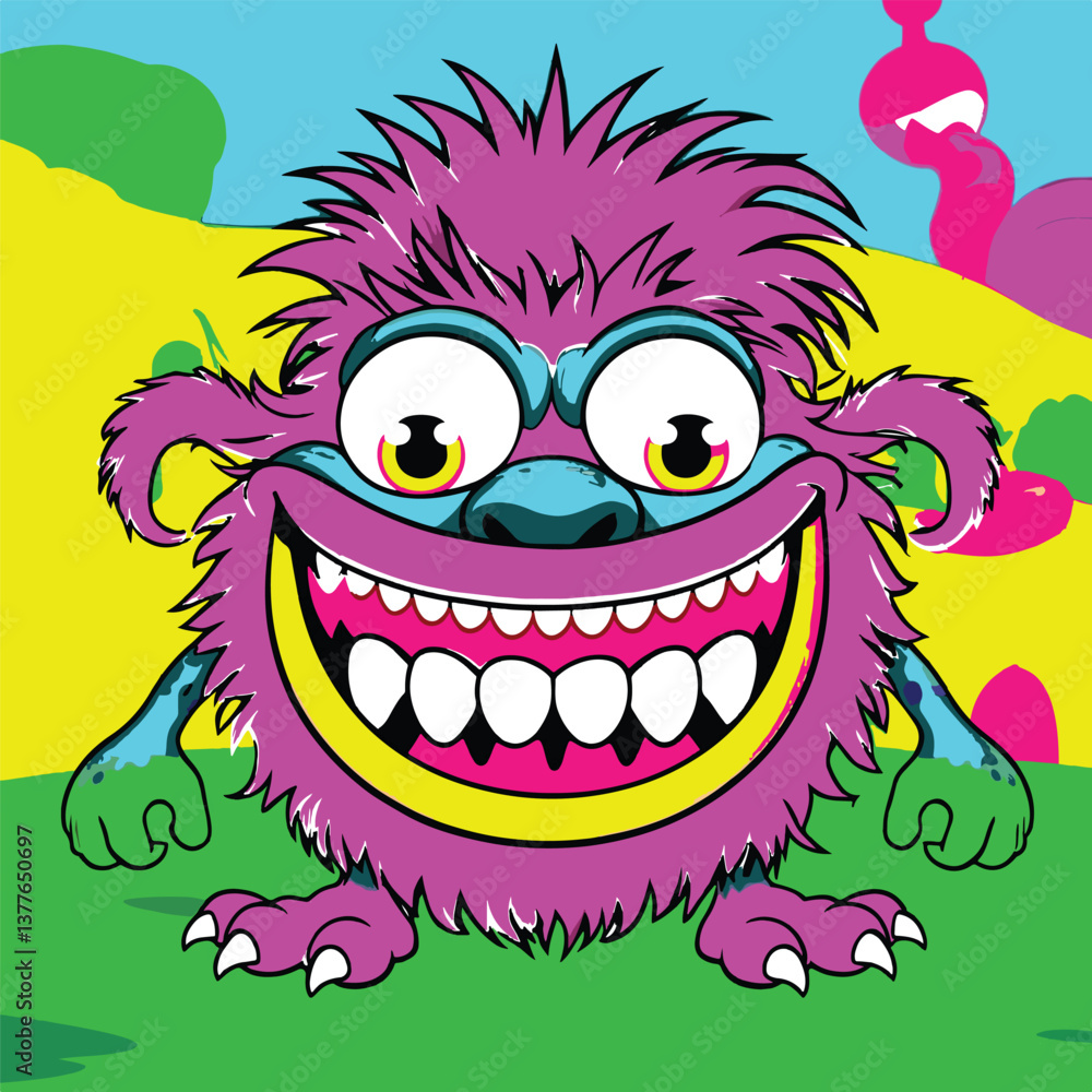 Obraz premium Funny cartoon monster with big eyes and a wide toothy grin