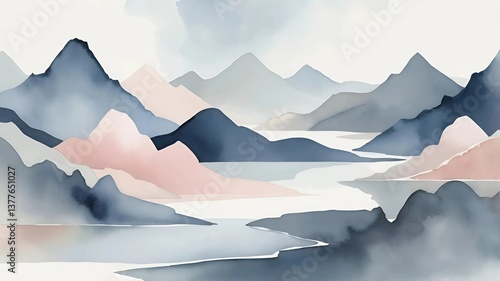mountain landscape in the morning, forms connect the main elements with barely perceptible washes