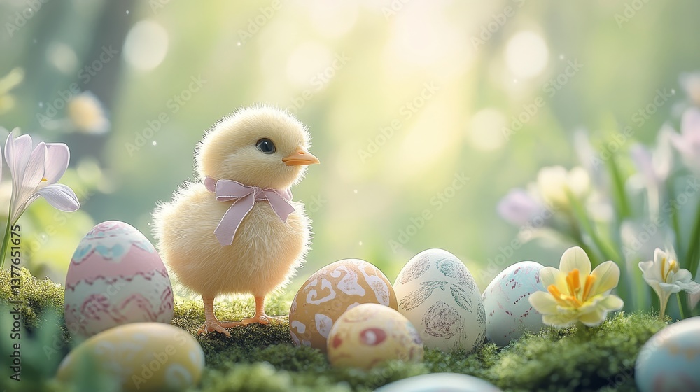 Cute chick with bow and colorful easter eggs in sunlit spring garden Cute chick with bow and colorful easter eggs in sunlit spring garden