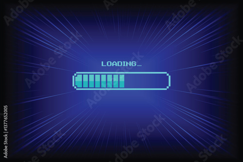 LOADING bar. pixel art. 8 bit. retro game. Retro Futurism Sci-Fi Background. glowing neon grid and star from vintage arcade computer games.