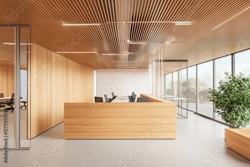 Modern office reception with wooden interior and glass meeting room. 3D Rendering