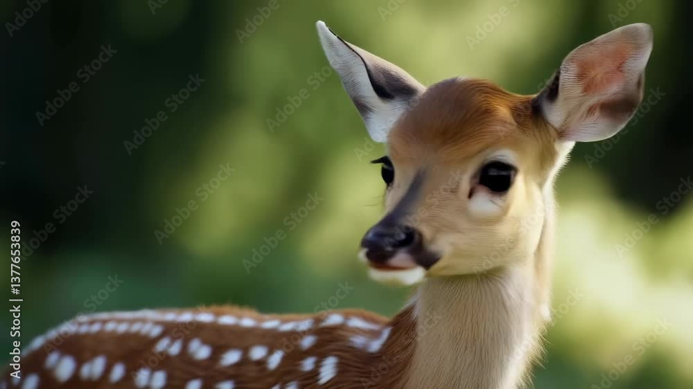 A close-up of a young doe with big, expressive eyes and delicate features, showcasing its soft fur and spots against a blurred green background. A close-up of a young doe with big, expressive eyes and delicate features, showcasing its soft fur and spots against a blurred green background.