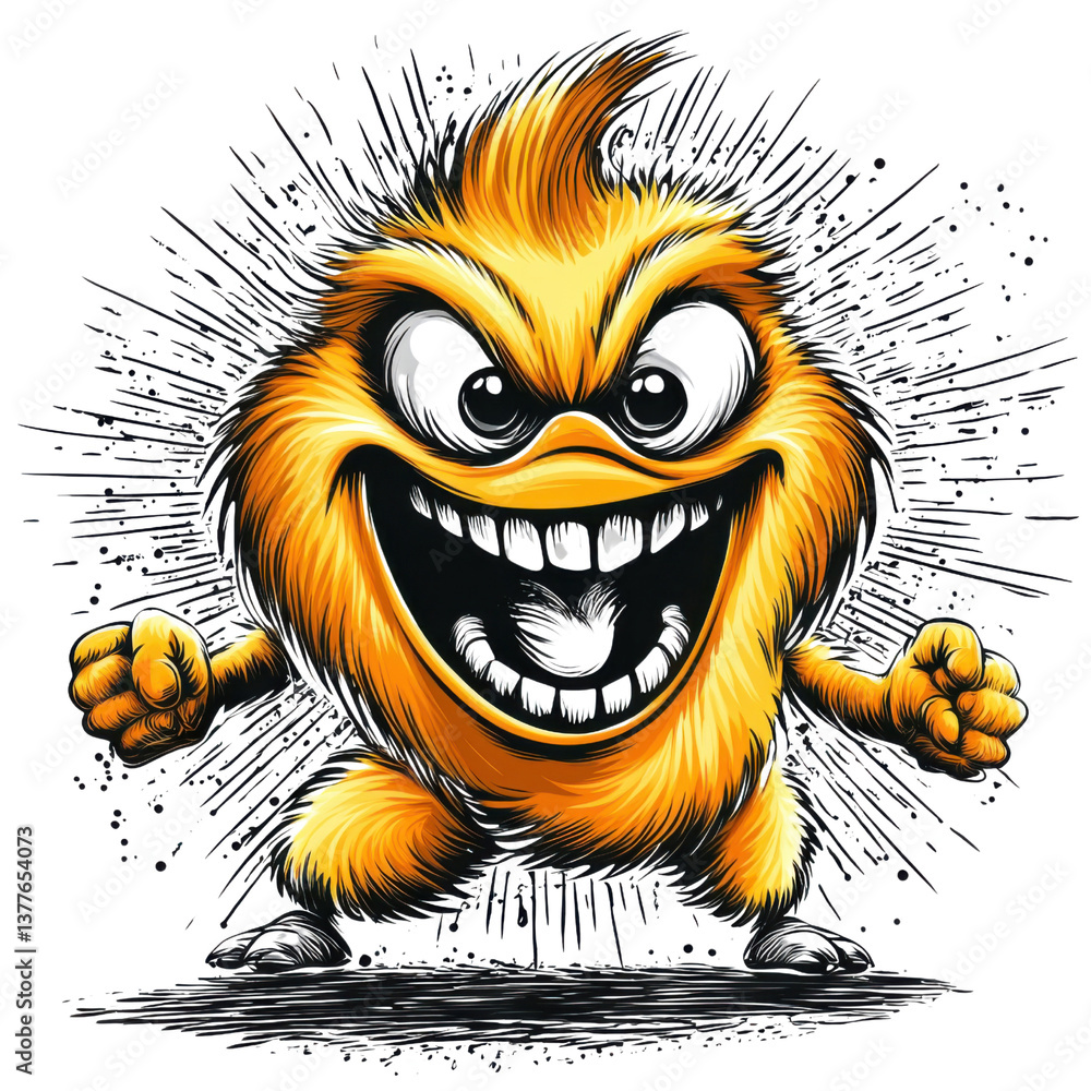Fototapeta premium Cartoonish yellow monster with menacing grin and sharp teeth on transparent background vector Concept of halloween, horror, and scary character