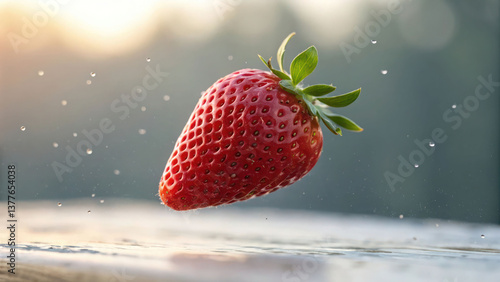 A perfectly ripe strawberry levitates gracefully, suspended in space with subtle highlights enhancing its natural texture.