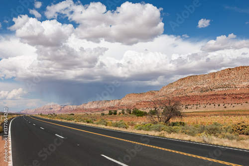 Canvas Print Wide Open Arizona Highway curving into the distance, rainstorm ahead