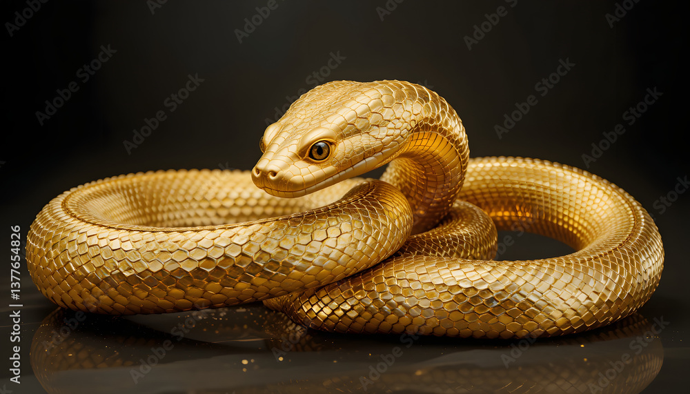 Fototapeta premium Title: Golden Snake with Metallic Scales Coiled Against a Dark Background