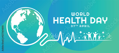 World health day - White line heart wave roll around circle globe world with people stand and dot texture on blue green background vector design