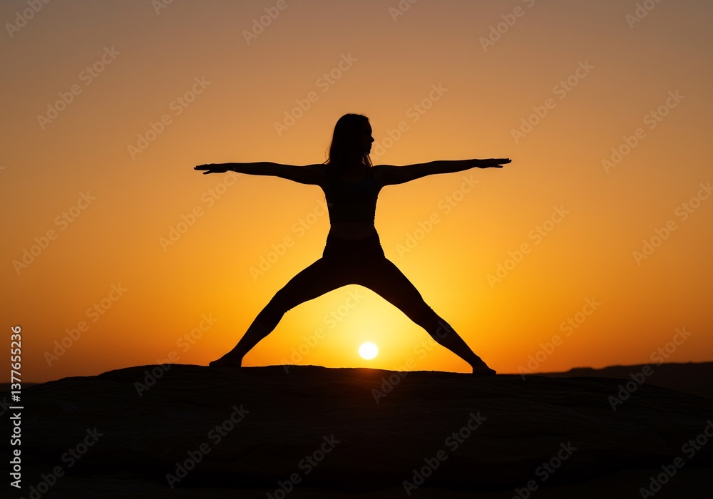 Fototapeta premium Silhouette Woman Yoga Pose Sunset Warm Light. AI Generated
