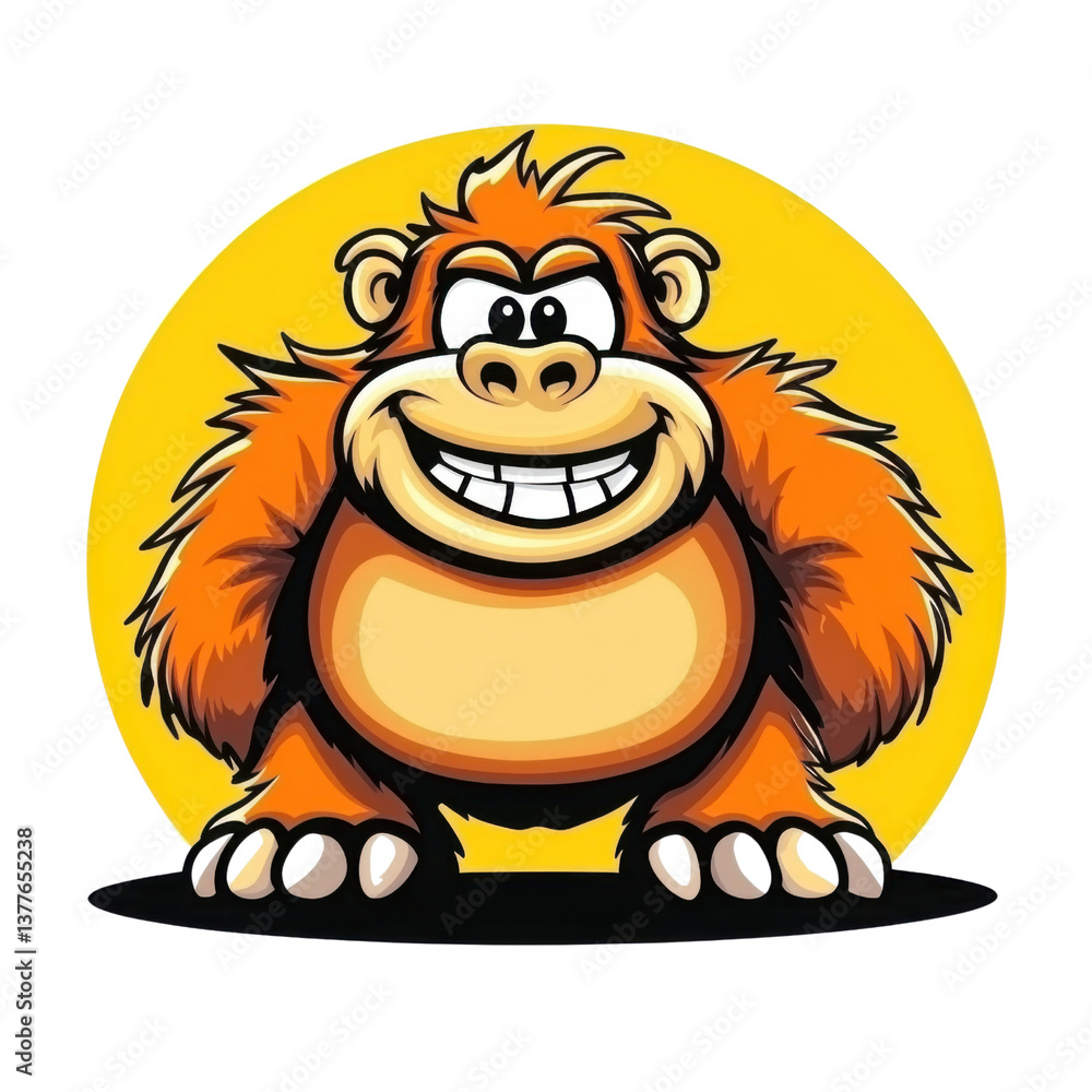 Obraz premium Cartoon orange gorilla smiling with a yellow halo on a transparent background vector Concept of mascot, logo, and jungle animal