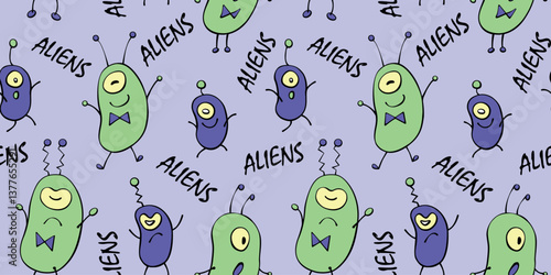 Seamless pattern with funny Aliens, inscriptions in doodle flat style. Humanoids, Martians, insects. Vector cute background, texture on theme of space, UFO, fantastic, kids design