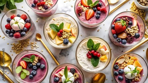 Colorful smoothie bowls with fresh fruits, healthy delight.