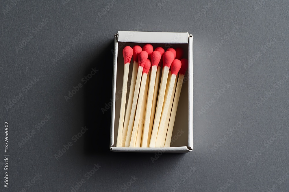 Matchbox with Red Tipped Matches on Gray Backdrop, Fire Safety, Combustion Sticks Matchbox with Red Tipped Matches on Gray Backdrop, Fire Safety, Combustion Sticks