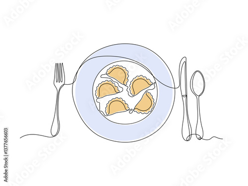 Abstract Dumplings, ravioli on the plate, continuous single one line art hand drawing sketch logo