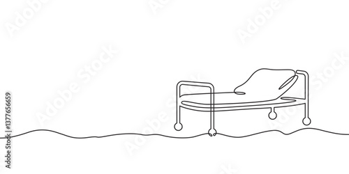 Continuous one line drawing medical bed.Empty hospital bed.Medicine.