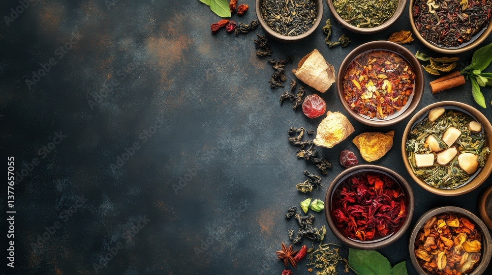 An appealing display of various dried herbs and spices is arranged in round bowls on a dark surface. Each bowl showcases different colors and textures, creating a vibrant composition An appealing display of various dried herbs and spices is arranged in round bowls on a dark surface. Each bowl showcases different colors and textures, creating a vibrant composition