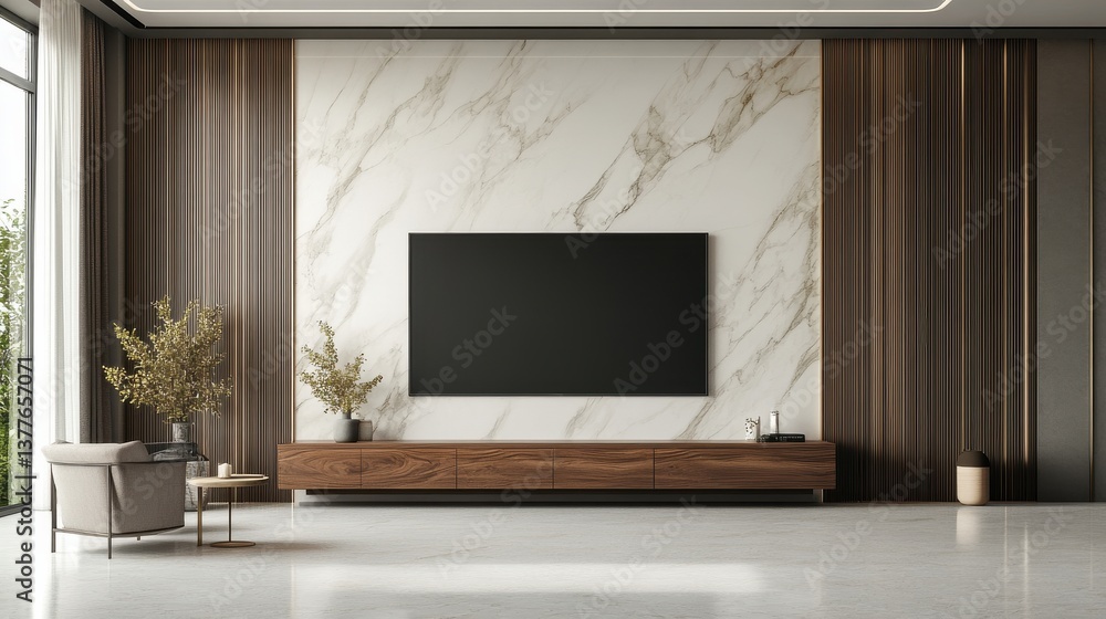 A contemporary living room showcases a stylish marble wall with a large flat screen. Beautiful plants and minimalist furniture enhance the spacious feel of the room
