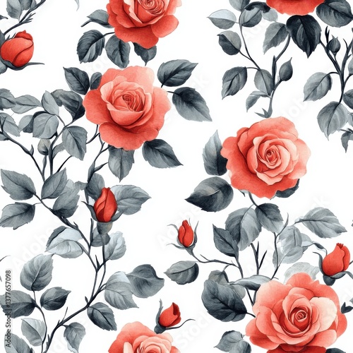 Wallpaper Mural Vibrant floral pattern featuring roses artistic design digital art elegant aesthetic close-up view nature inspiration Torontodigital.ca
