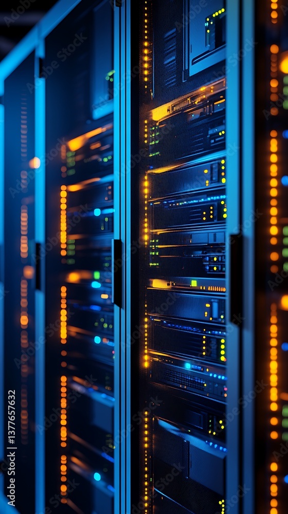 Data Center Server Racks with Glowing Lights and Futuristic Blue Tone Illumination