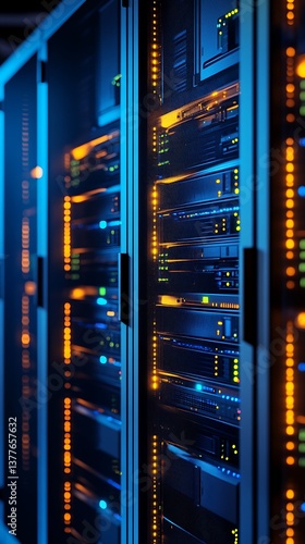 Obraz na płótnie Data Center Server Racks with Glowing Lights and Futuristic Blue Tone Illumination w salonie