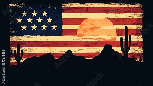 US Flag Desert Sunset Silhouette.