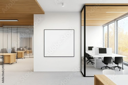 Fototapeta Naklejka Na Ścianę i Meble -  Modern office interior with blank poster on white wall. 3D Rendering