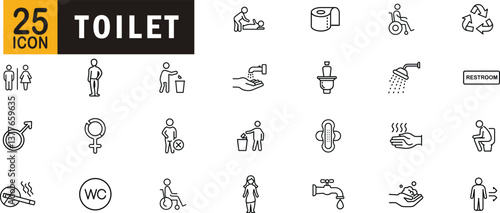 Toilet editable outline icon set. Restroom, hygiene, handwashing, toilet-paper, accessibility, sanitation and more.