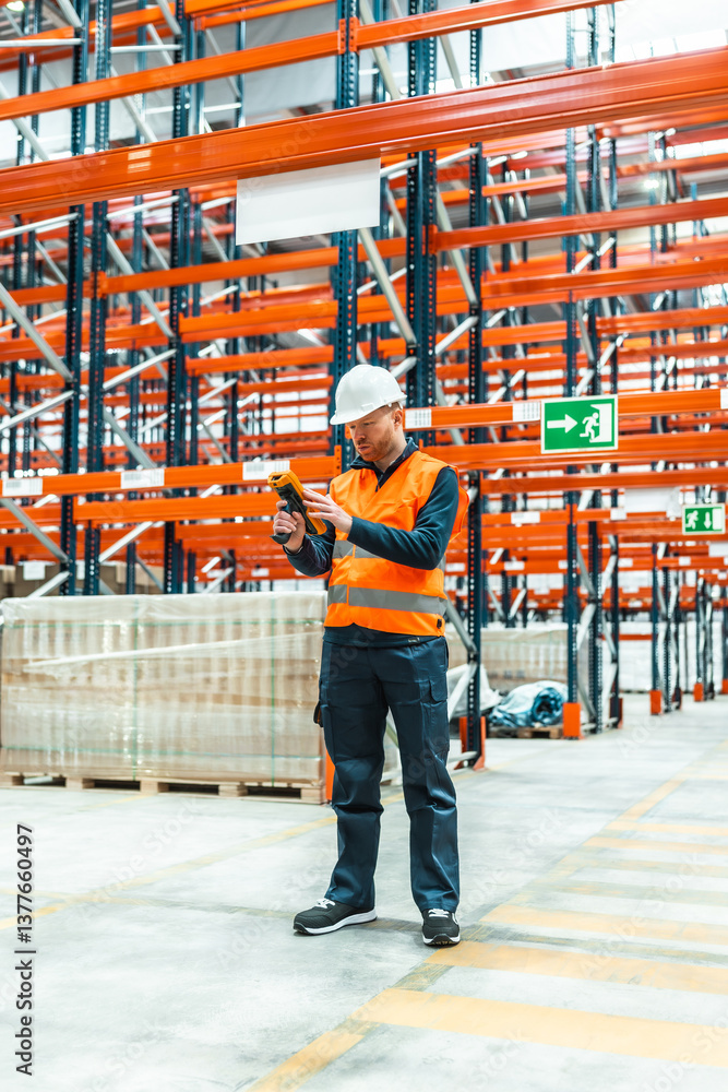 Fototapeta premium Warehouse worker scanning packages with barcode scanner in logistics center
