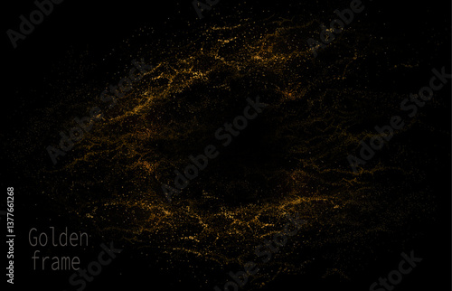 Isolated abstract frame made of gold mosaic on black background, design component.