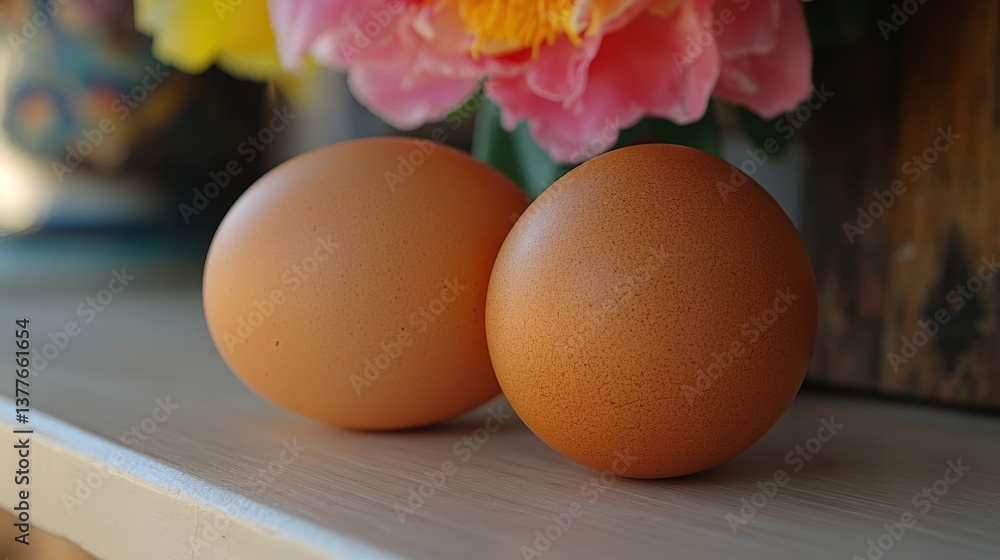 Brown eggs resting on a pale shelf surrounded by soft shadows and vibrant flowers Brown eggs resting on a pale shelf surrounded by soft shadows and vibrant flowers
