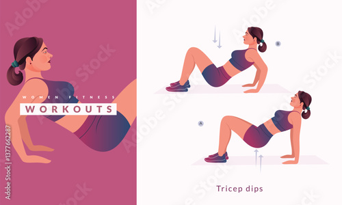 Tricep dips exercise, Woman workout fitness, aerobic and exercises.