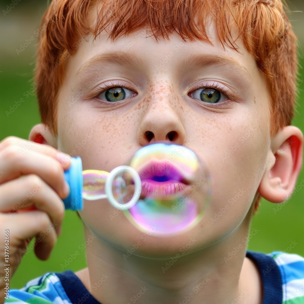 Boy blowing soap bubbles with focused expression in outdoor setting Boy blowing soap bubbles with focused expression in outdoor setting