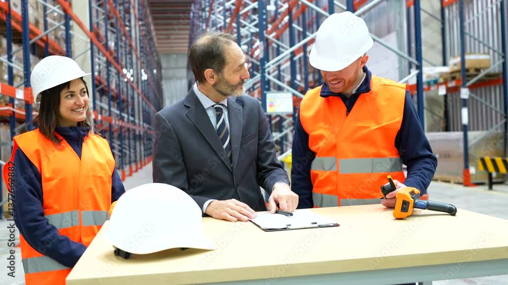 Professional logistics manager and warehouse worker finalizing business agreement through handshake, celebrating successful partnership in industrial storage facility Professional logistics manager and warehouse worker finalizing business agreement through handshake, celebrating successful partnership in industrial storage facility