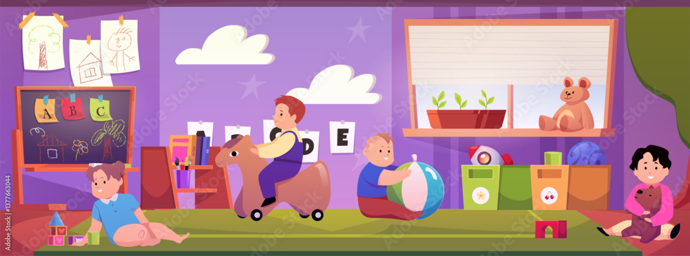 Fototapeta premium Vector poster of kids room interior with toddlers in different activities.